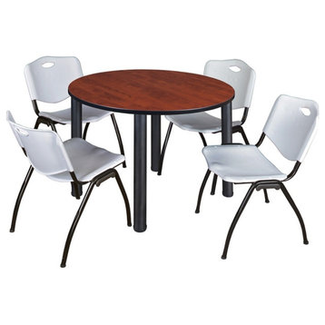 Kee 48" Round Breakroom Table, Cherry/ Black and 4 'M' Stack Chairs, Gray