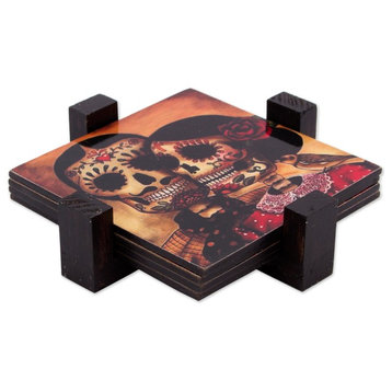 Day of The Dead Romance, Set of 4 Decoupage Wood Coasters, Mexico