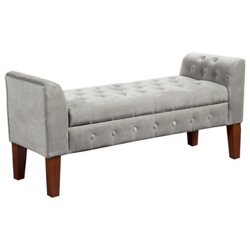 Velvet Button Tufted Wooden Bench Settee With Hinged Storage, Gray & Brown