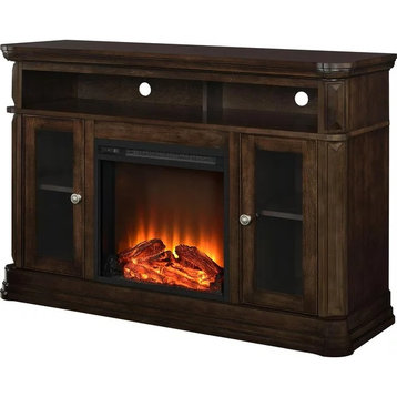 Traditional Tall TV Stand, Center Fireplace and Unique Molding Details, Espresso