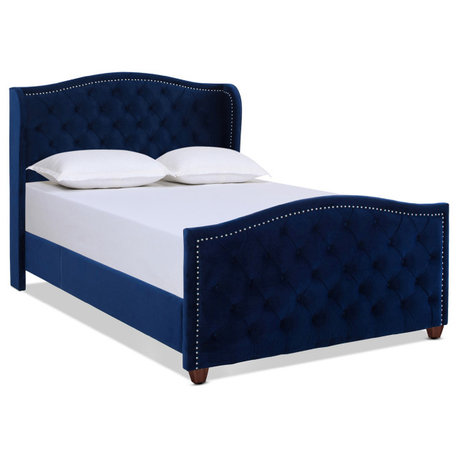 Marcella Upholstered Tufted Shelter Wingback Panel Bed, Navy Blue Velvet, Queen