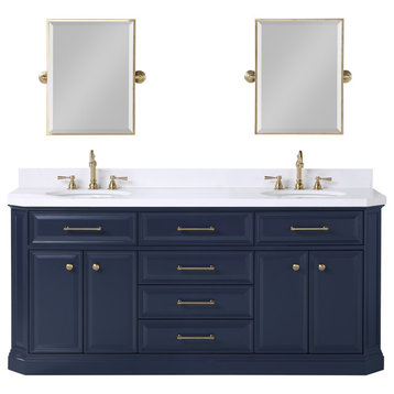 Palace 72" Double Sink White Quartz Top, Faucet, Mirror, Blue, F2-0012 Faucets