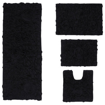 Bell Flower Collection Tufted Bath Rug, 4-Piece Set With Contour-Black