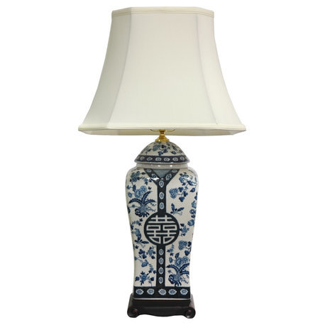 26" Floral Blue and White Vase Lamp