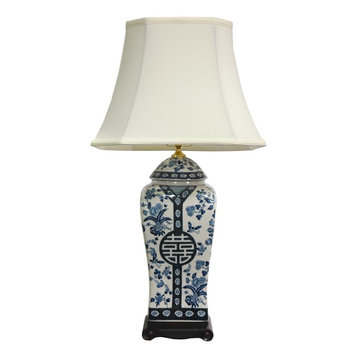 26" Floral Blue and White Vase Lamp