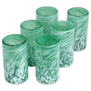 Festive Green, Set of 6 Hand Blown Drinking Glasses, Mexico