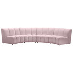 Meridian Furniture - Infinity Channel Tufted Velvet Modular Chair, Pink, 4 Piece - Create a seating group that works for every possible situation with this Infinity modular 4-piece sectional and other pieces in the Infinity collection. Upholstered in soft pink velvet material that feels great against the skin and offers long-wearing beauty, this piece fits with other Infinity items for an infinite number of combinations that get your seating requirements just right but that look just as nice when used on their own.