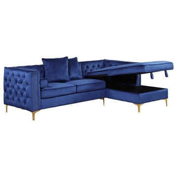 Navy Blue Velvet Upholstered Sectional with Storage and Gold Stainless Steel