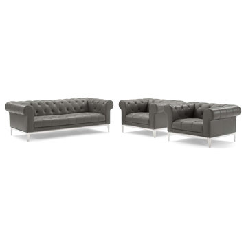 Idyll Tufted Upholstered Leather 3 Piece Set, Gray