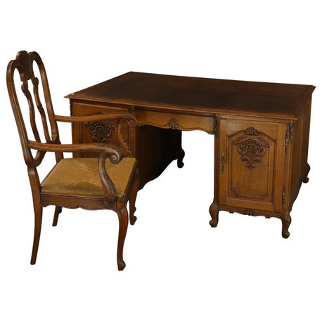 Consigned Desk And Chair Louis Xv Rococo Vintage 1950 Oak Wood Office