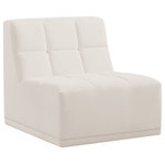 Meridian Furniture - Relax Velvet Upholstered Armless Chair, Cream - Bolster a contemporary vibe in your living room with this Relax cream velvet armless chair. Soft cream velvet upholstery offers delicate comfort, making this chair cozy for anyone who sits in it. Biscuit tufting gives this chair texture and its lack of arms creates modern style, adding extra comfort and elegance to your living space. It's modular design allows you to create infinite configurations, making it a versatile piece to add to your home. A latch underneath the chair makes it easy to attach to other pieces.