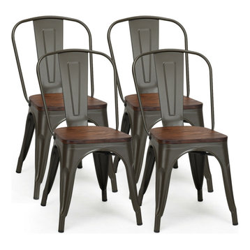 Costway Set of 4 Style Metal Dining Side Chair Wood Seat Stackable Bistro Cafe