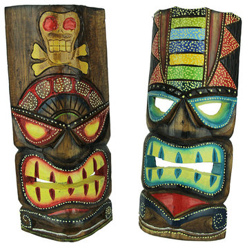 12 inch Tall Hand Crafted Wooden Tiki Totem Wall Mask Set of 2