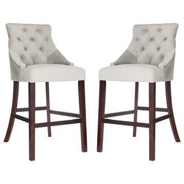 Set of 2 Bar Stool, Button Tufted Back With Sloped Arms and Nailhead, Grey/Fabri