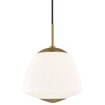 Mitzi by Hudson Valley Lighting - Jane 1-Light Large Pendant, Aged Brass - One way to think about Jane is as a contemporary spin on the schoolhouse tradition. These lights always had similarly-shaped white milk glass shades featuring the fluting and filigree of their age. Smoothing out these lines into a sophisticated simplicity, adding metal accents at base and holder, and completing the look with a fabric-covered cord, Jane updates the look for a feel that's effortlessly cool.