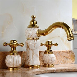 Luxury Natural Jade Gold Finish Basin Faucet Dual Handles Mixer Tap Centerset - Bathroom Sink Faucets