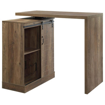 ACME Quillon Wooden Bar Table with Sliding Barn Door and Wine Rack in Rustic Oak