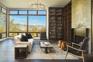 Example of a trendy dark wood floor family room design in Other with green walls and a standard fireplace