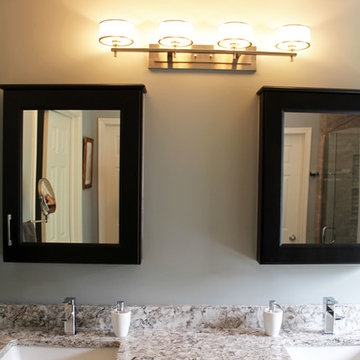 Cherry Onyx Vanity with Cambria Bellingham Countertops and Gray Tiled Shower