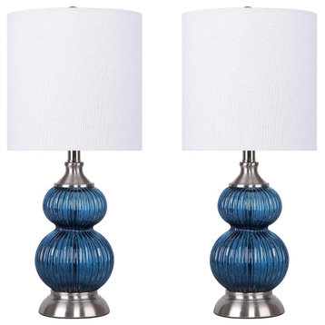 20.5" Blue Glass Table Lamps, Brushed Nickel Finish, Off-White Shades, Set of 2