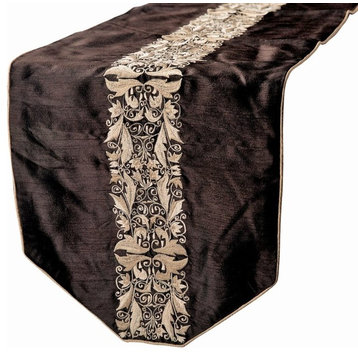 Decorative Table Runner Silk with Embroidery 14" x 72" Brown-Maahru