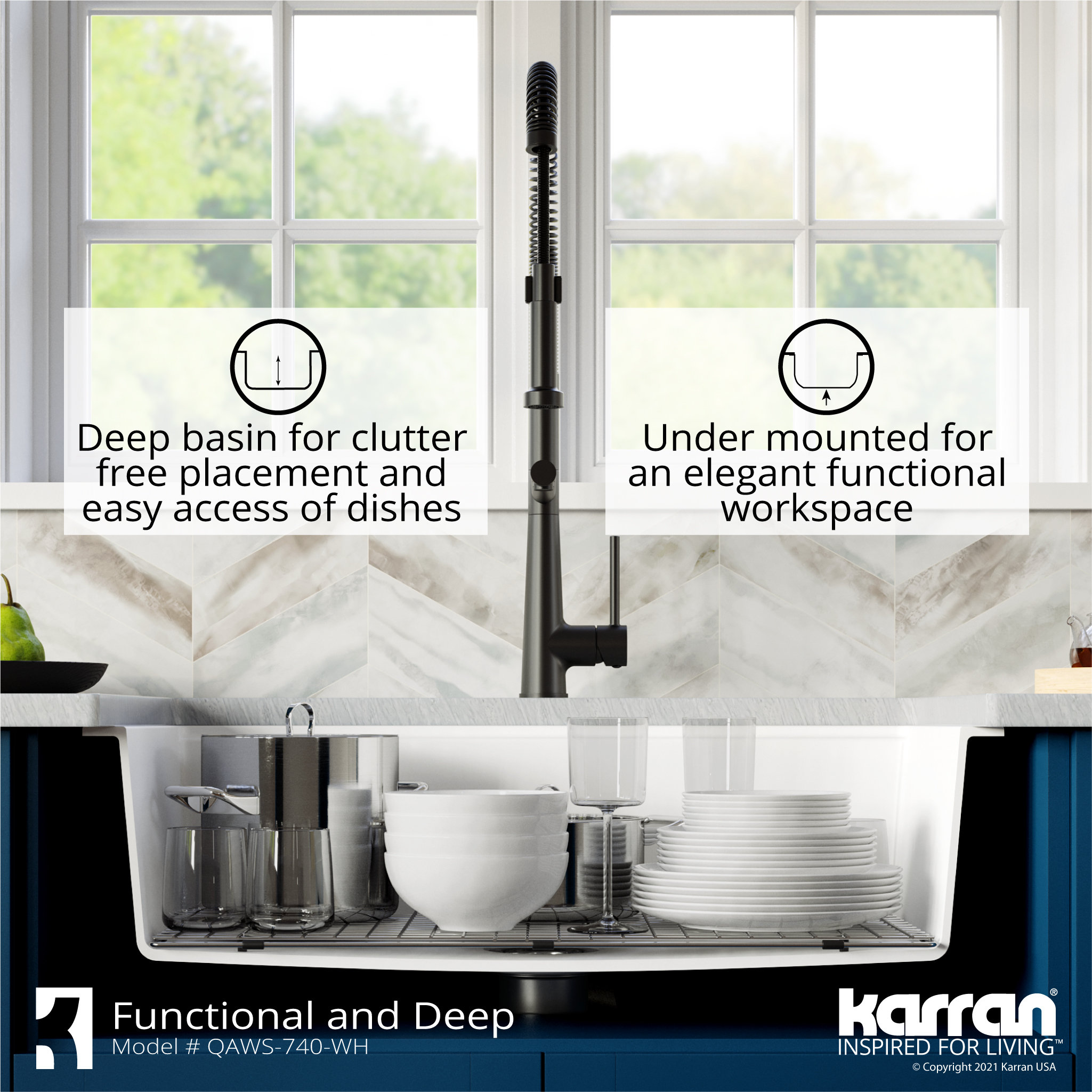 Karran 34" Quartz Farmhouse Single Bowl Workstation Kitchen Sink, White