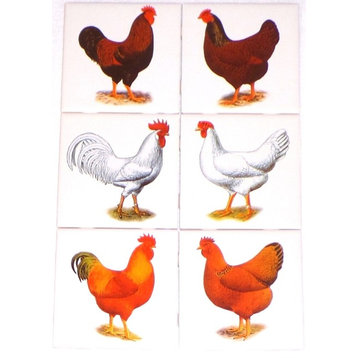 Rooster and Hen Kiln Fired Ceramic Tile Backsplash Chicken, 6-Piece Set