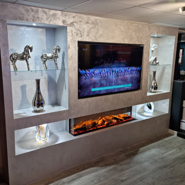 Mediawall Display - Large Alcoves, Electric Fireplace, Silver Textured Paint