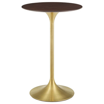 Bar Table, Round, Wood, Metal, Gold Dark Brown Brown Walnut, Modern, Bar Pub