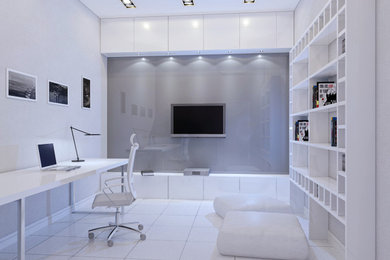 Foto de despacho actual con paredes blancas y suelo blanco