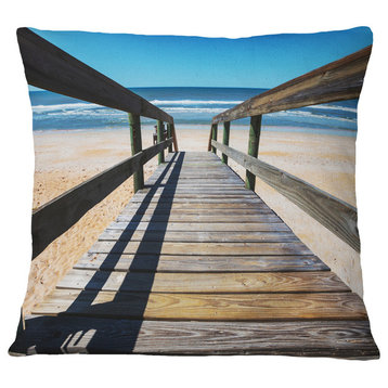 Long Boardwalk into Blue Seashore Seashore Throw Pillow, 16"x16"