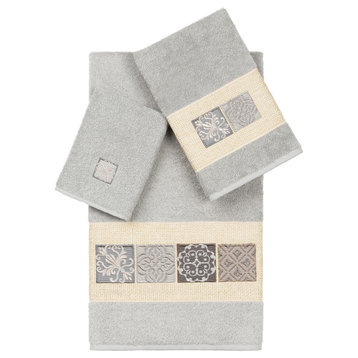 100% Turkish Cotton Vivian 3-Piece Embellished Towel Set, Light Gray