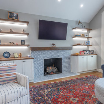 Porcelain Island Kitchen Remodel with Custom Built-Ins + Fireplace Feature
