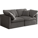 Meridian Furniture - Plush Velvet / Down Standard Comfort Modular Sofa, Gray, 2-Piece: 2 Corner Chair - No matter how big or little the size of your gang, they can all find their sweet spot when you choose pieces from the Plush collection to build your ideal seating group. Choose this individual Plush piece or pair multiple pieces together to get the custom look everyone will love. The soft grey velvet material is soft and welcoming to the touch, and the set's cushions are overstuffed with a down and feather blend to provide ample support for tired bodies.