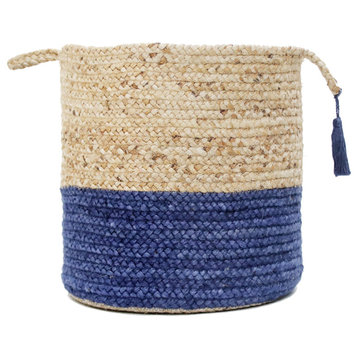 Two-Tone Natural Jute Woven Decorative Basket with Handles, Sapphire Blue, 19"