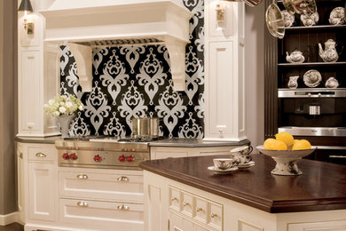 Mid-sized transitional u-shaped medium tone wood floor open concept kitchen photo in Other with recessed-panel cabinets, white cabinets, multicolored backsplash, ceramic backsplash, stainless steel appliances, a double-bowl sink, wood countertops and an island