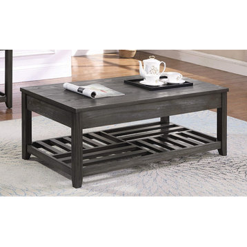 Rustic Coffee Table, Lift Up Top With Checkerboard Slatted Shelf, Grey Finish