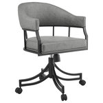 Armen Living - Tibet Swivel Tilt Rolling Dining Chair With Matte Black Iron & Gray Faux Leather - Immerse yourself in the chic style and elegant functionality of our Tibet Swivel Rolling Dining Chair in Faux Leather and Metal by Armen Living. Thoughtfully designed, this dining chair offers eye-catching style with practical details. Its plush faux leather upholstery and bold stitching enhances the industrial theme of the four sleek, matte black iron legs. The chair maintains a cozy profile with its well-padded barrel back that flows into a convenient set of arms, and the seat is generously cushioned with 2.5 inches of high-density foam. Our contemporary dining chair is crafted with high-quality faux leather that is water, stain, and fade-resistant to offer you a chair that is easy to maintain and enjoy for years. Perched upon a beautifully curved metal base and easy-to-maneuver casters, the Tibet rolling chair offers the perfect blend of style and functionality. The smooth 360-degree swivel function and rotating wheels enable you to follow multiple conversations or switch between tasks effortlessly. This chair can create the perfect space for socializing and comfort in a dining area, living room, or home office with this versatile and dynamic seating choice. The Tibet Swivel Rolling Dining Chair is available in Matte Black Iron with Vintage Gray Faux Leather to deliver elevated style, comfort, and functionality to your home.
