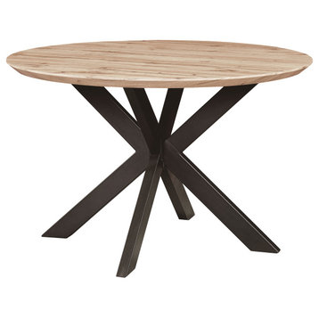 LeisureMod Ravenna 47" Round Dining Table, Geometric Metal Base, Maple