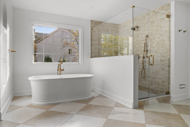Bathroom - mid-sized modern master white tile porcelain tile, multicolored floor and double-sink bathroom idea in Philadelphia with flat-panel cabinets, medium tone wood cabinets, a two-piece toilet, an undermount sink, quartz countertops, a hinged shower door, white countertops, a niche and a freestanding vanity