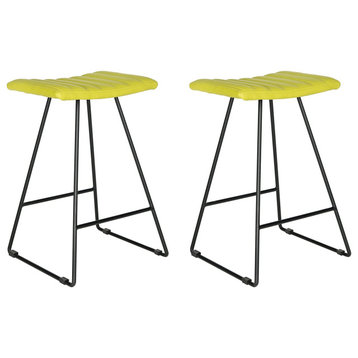 Set of 2 Counter Stool, Sleek Metal Base With Faux Leather Upholstery, Green