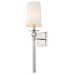 Z-Lite - Mia One Light Wall Sconce, Polished Nickel - Light up a powder room bedroom or hallway with the exquisite artistry of this one-light wall sconce. A traditional lamp motif is modernized with tailored design elements featuring polished nickel finish steel and crystal. Topped with a fresh white fabric shade this sconce becomes part of a sophisticated look in a contemporary or transitional space.