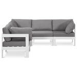 Meridian Furniture - Nizuc Water Resistant Patio L-Shaped Modular Sectional, Gray, 5-Piece: 2 Armless Chair, 3 Corner Chair, White Aluminum Frame - Pick and choose your favorites from the Nizuc collection to create a modular seating group the whole gang will enjoy. The sturdy aluminum frame provides dependable support for friends and family as they relax and unwind, and the resilient grey water resistant fabric stands up to the elements without losing its beautiful demeanor, so you can count on it lasting for the long haul. Latches beneath these seating pieces help you easily attach them to one another for convenient setup.