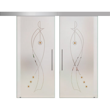 Double Sliding Glass Barn Doors Alu100 With Faceted Stones , 56"x81"