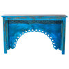 Consigned Rustic Console Arch Table, Blue Sofa Accent Console Table, Brass Studs