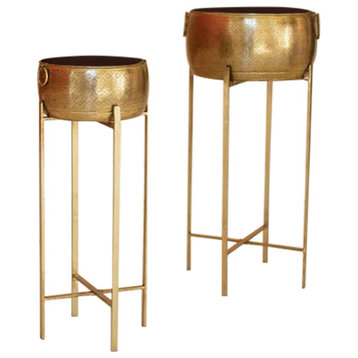 Set of 2 Brass Finsih Planters With Stands
