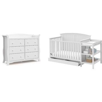 6-Drawer Double Dresser with Baby Crib and Changing Table Set in Pure White