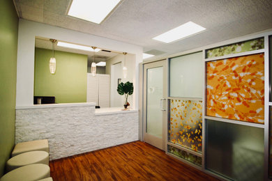 Foto de distribuidor contemporáneo de tamaño medio con paredes verdes, suelo vinílico, puerta simple, puerta marrón y suelo marrón