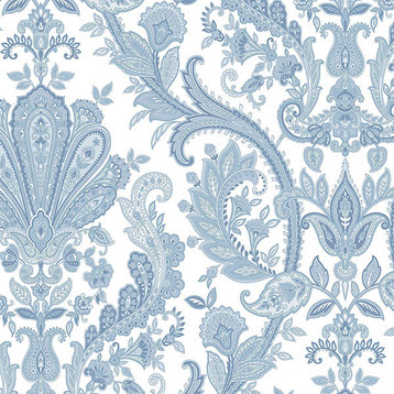 Jacobean Damask/Paisley Wallpaper, Blue/White, Bolt