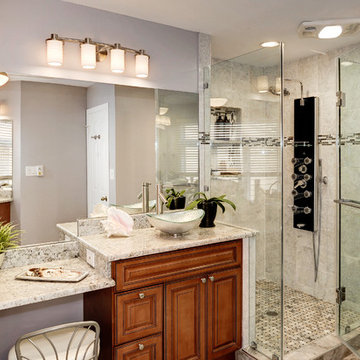 Elegant Master Bathroom Remodel with Quartz-Granite Hybrid Vanity and Spa Shower